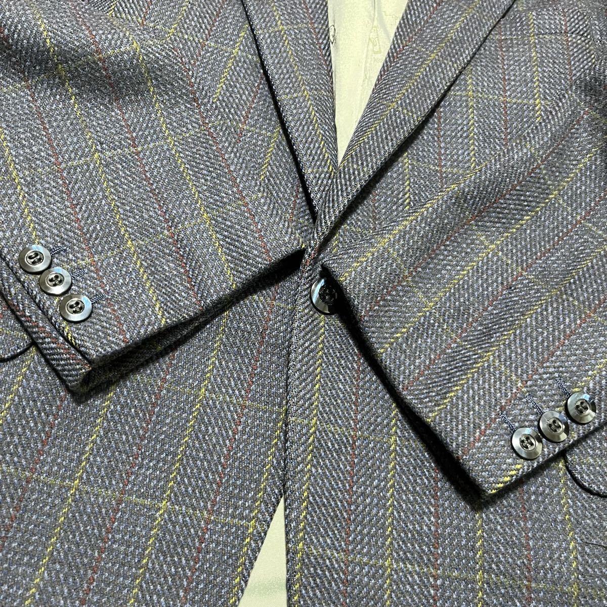 ※SU4 LONDON CORNER (高島屋) ツイードテーラードジャケット パープル系 チェック ウール100% メンズM相当_画像6