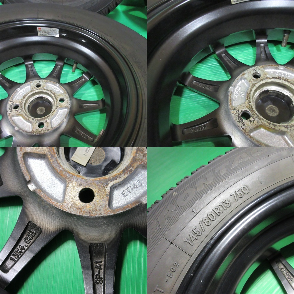 美品 アルト 145/80R13 バリ山スタッドレス 75%-85%山 4本 4穴PCD100 4.00B +43 ワゴンR スペーシア ラパン タント ミラココア 中古新潟_画像8