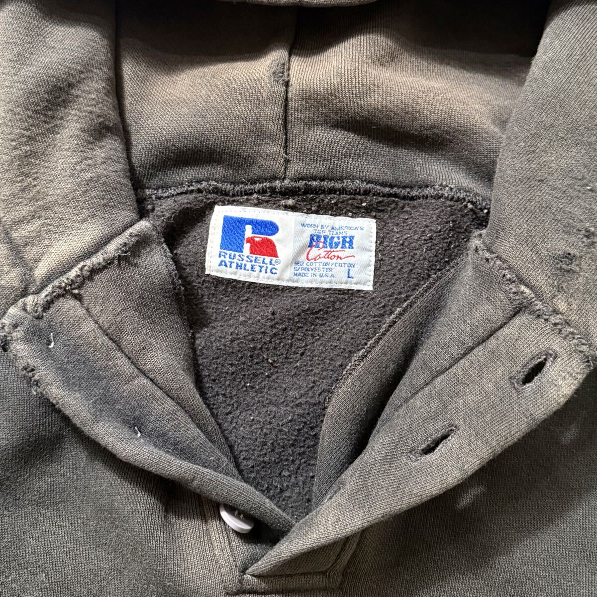 極フェード！90s RUSSEL ATHLETIC ラッセル ヘンリーネック パーカー 黒 サイズL USA製_画像4