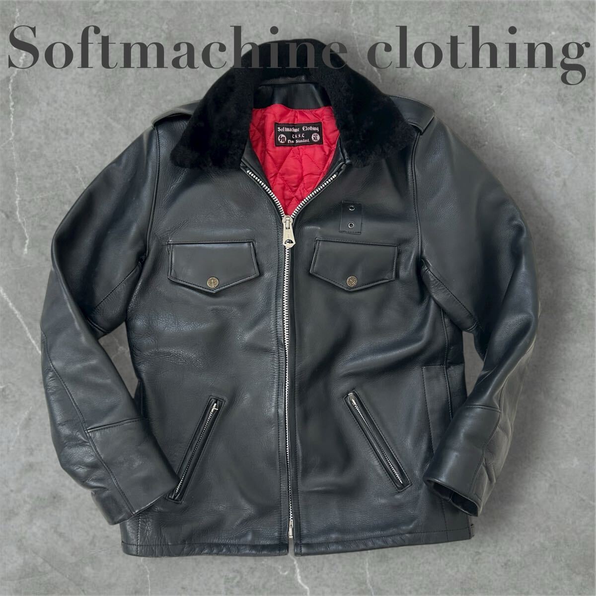 Softmachine clothing ソフトマシーンクロージング 牛革 レザージャケット キルティング 赤 ボア XL メンズ カウレザー ライダース _画像1
