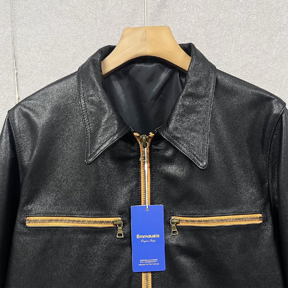 高級・レザージャケット 定価12万◆Emmauela・イタリア・ミラノ発◆牛革 レザー 柔らか 光沢 アウター ライダース 革ジャン バイク M/46_画像4