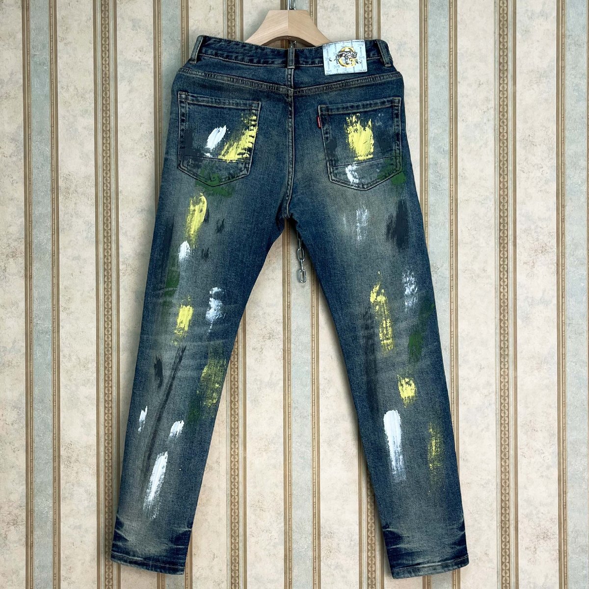 個性 定価4万 FRANKLIN MUSK・アメリカ・ニューヨーク発 デニムパンツ 綿混 上質 ペイント ダメージ ロング丈 ストリート ズボン サイズ30_画像2