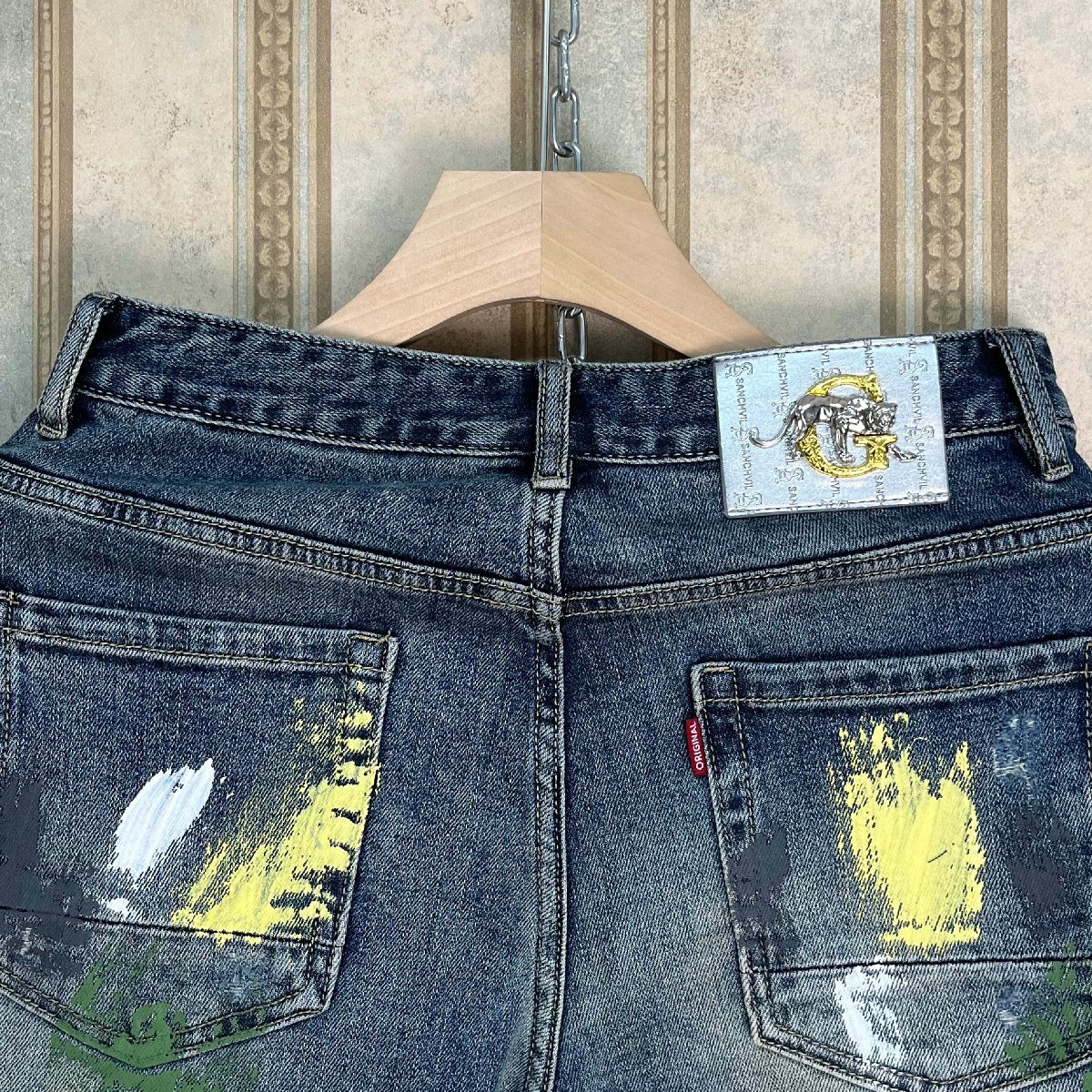 個性 定価4万 FRANKLIN MUSK・アメリカ・ニューヨーク発 デニムパンツ 綿混 上質 ペイント ダメージ ロング丈 ストリート ズボン サイズ30_画像4
