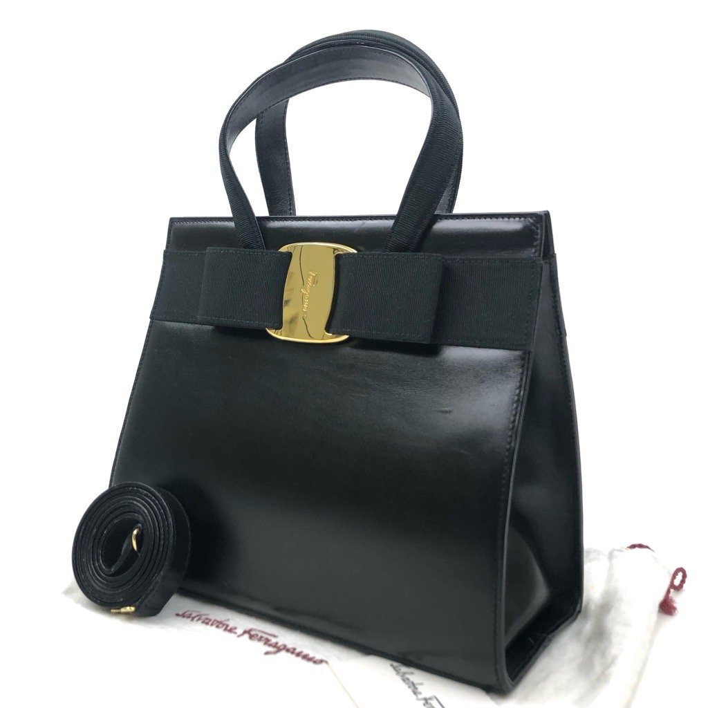  хорошая вещь Salvatore Ferragamo Ferragamo vala2WAY сумка ручная сумочка сумка на плечо машина f кожа лента чёрный / Gold металлические принадлежности максимальное снижение нет 