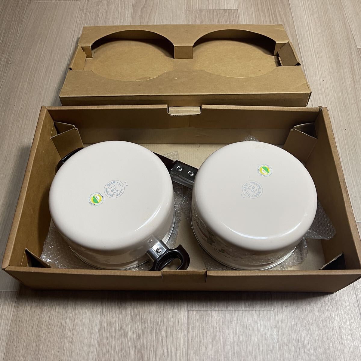  не использовался товар Showa Retro Fuji эмаль обе рука сигнал low кастрюля * с одной стороны сигнал low кастрюля комплект 