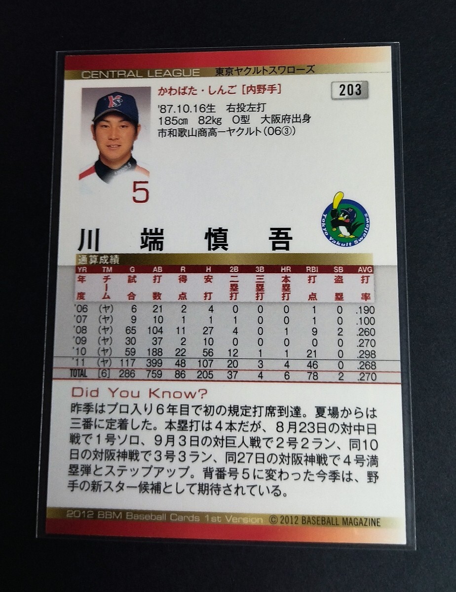 2012年BBM 1st 川端慎吾(ヤクルト)銀箔サイン入り。No,203。_画像2
