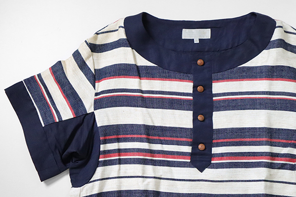 A(LeFRUDE)E ◆ マルチボーダー ヘンリーネック 半袖カットソー ネイビー×アイボリー S リネンブレンド Tシャツ アレフルード ◆QV11_画像1