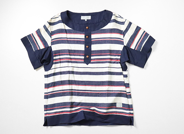 A(LeFRUDE)E ◆ マルチボーダー ヘンリーネック 半袖カットソー ネイビー×アイボリー S リネンブレンド Tシャツ アレフルード ◆QV11_画像2