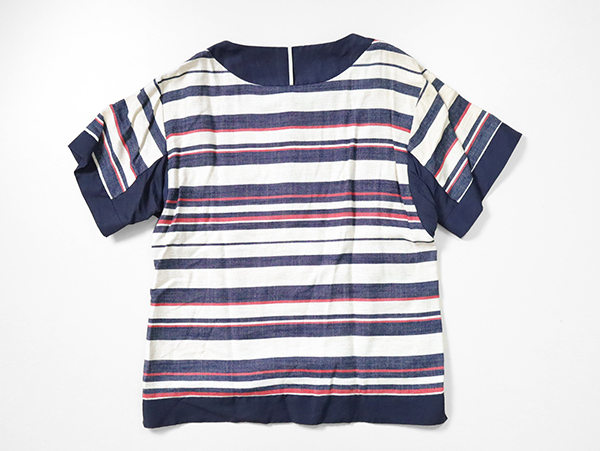 A(LeFRUDE)E ◆ マルチボーダー ヘンリーネック 半袖カットソー ネイビー×アイボリー S リネンブレンド Tシャツ アレフルード ◆QV11_画像3