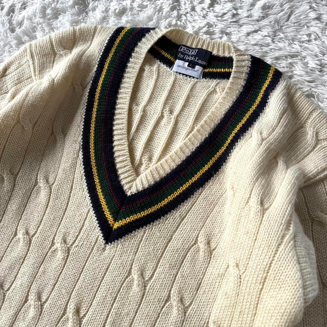 Lサイズ/ヴァージンウール ●Polo By Ralph Lauren ポロバイ ラルフローレン チルデン Vネック ケーブルニット セーター ベージュ 肉厚_画像2