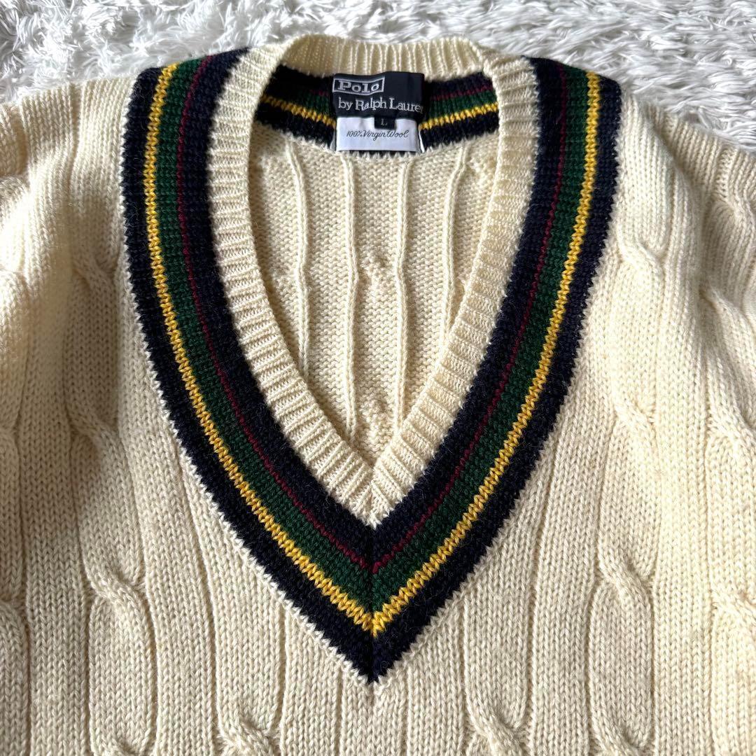 Lサイズ/ヴァージンウール ●Polo By Ralph Lauren ポロバイ ラルフローレン チルデン Vネック ケーブルニット セーター ベージュ 肉厚_画像3