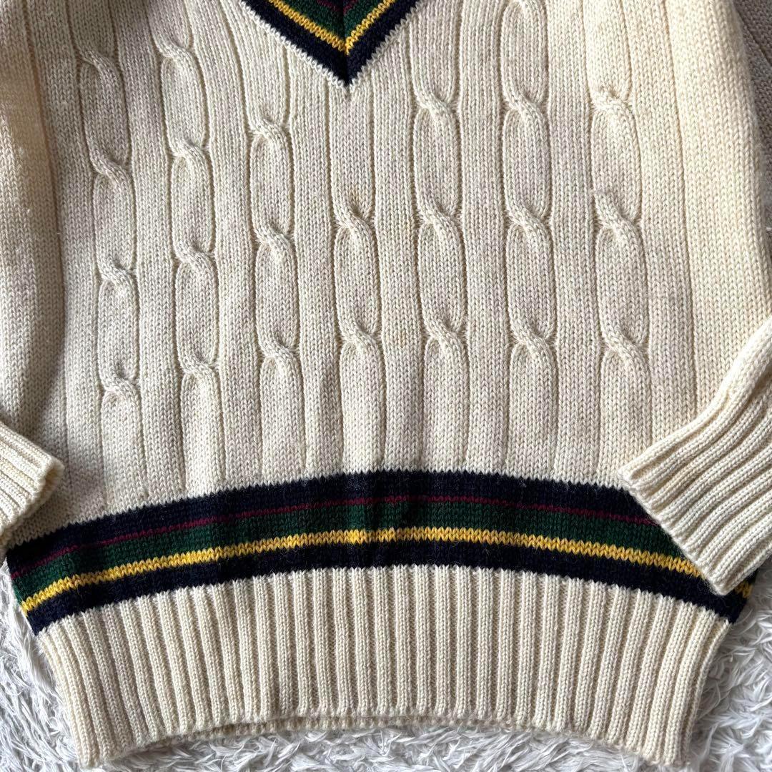 Lサイズ/ヴァージンウール ●Polo By Ralph Lauren ポロバイ ラルフローレン チルデン Vネック ケーブルニット セーター ベージュ 肉厚_画像4