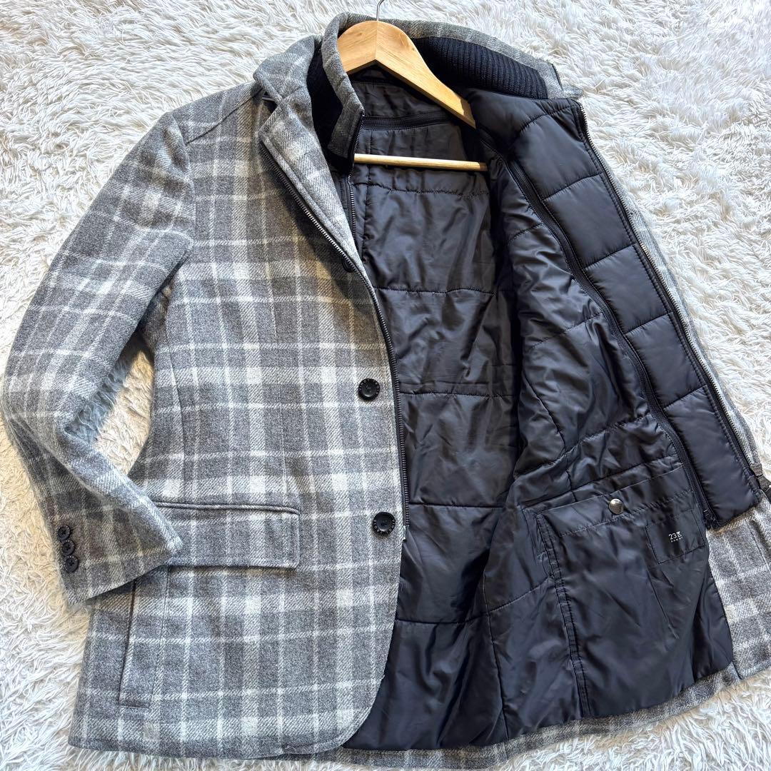 未使用級/ライナー ●ニジュウサンク 23区 2way テーラードジャケット チェック 中綿 メンズ ビジネス アウター ブレザー グレー 秋冬 46_画像1