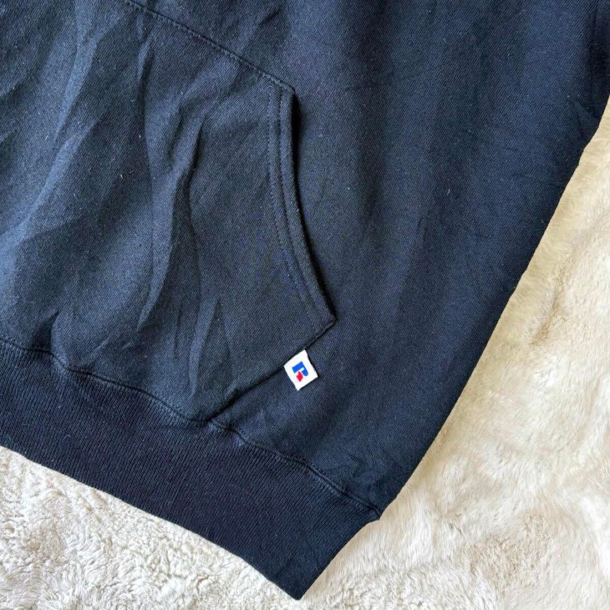 アメリカ製 米国製 Russell ラッセル パーカー フーディー プルオーバー スウェット USA製 ビンテージ 古着 L XL LL 黒 ブラック ロゴ 刺繍_画像4