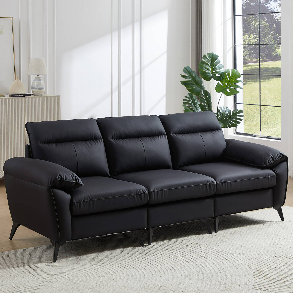 ソファー ソファ 3人掛け 幅205cm 3人掛け 北欧 ソフトレザーソファー 3p モダン モダン リビングソファー ソファーセット 【ブラック】 _画像1