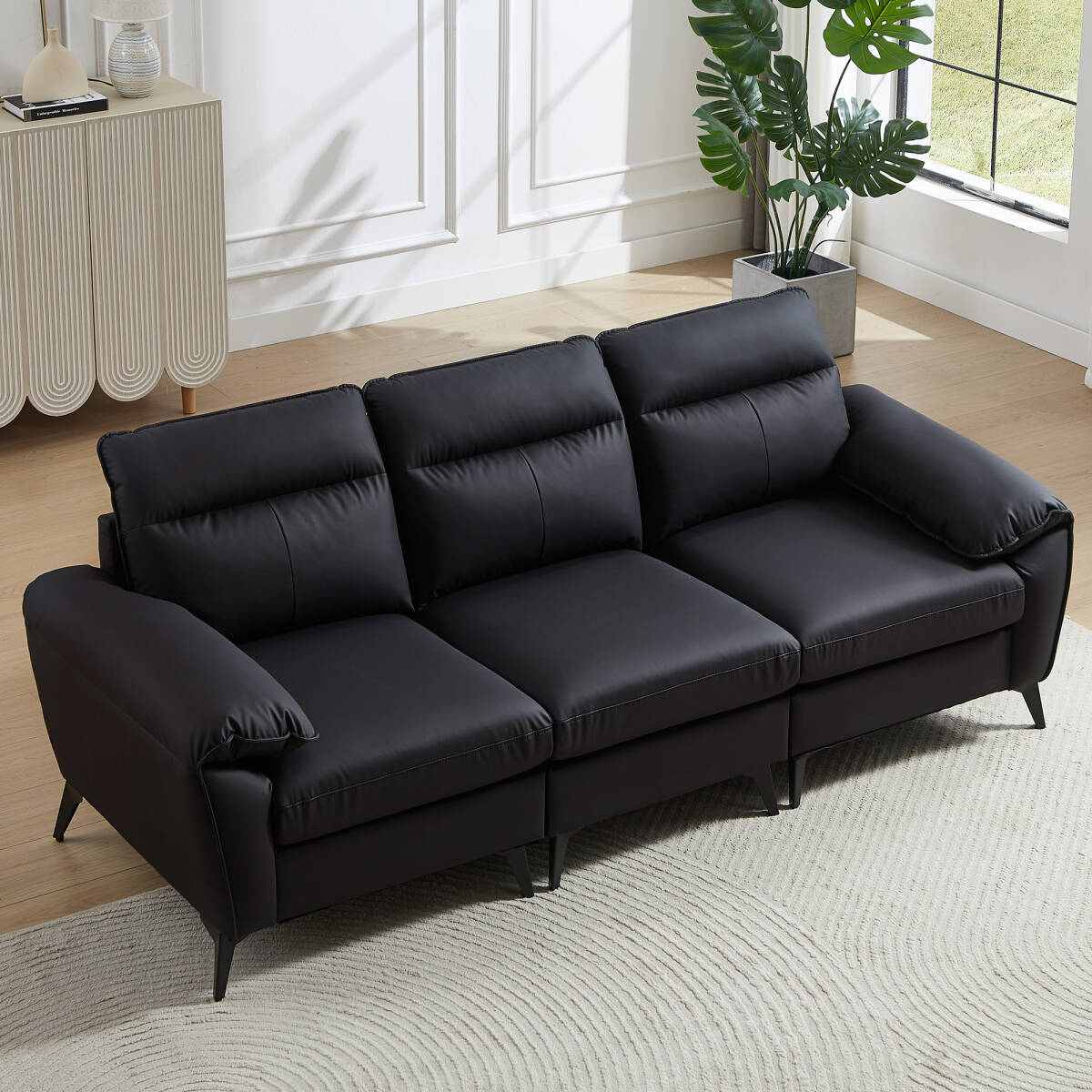 ソファー ソファ 3人掛け 幅205cm 3人掛け 北欧 ソフトレザーソファー 3p モダン モダン リビングソファー ソファーセット 【ブラック】 _画像3