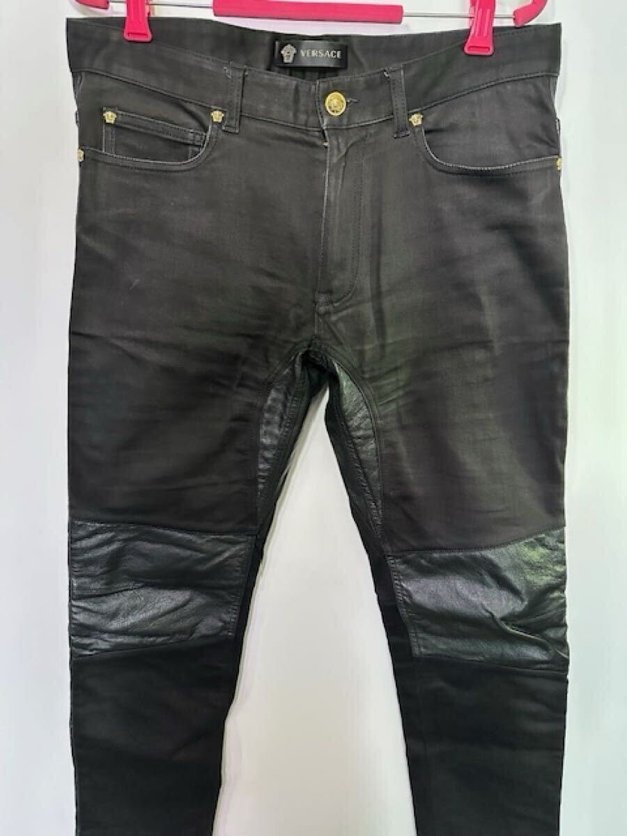 ヴェルサーチェ GIANNI VERSACE オシャレ!革パッチパンツ ブラック 33_画像1