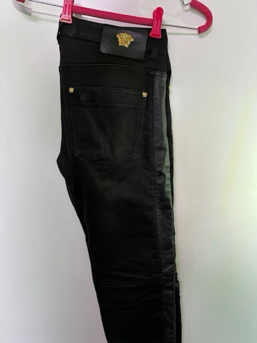 ヴェルサーチェ GIANNI VERSACE オシャレ!革パッチパンツ ブラック 33_画像5