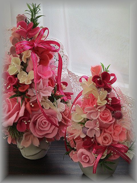 フェルトお花たち♪ツリー2点セット♪ピンク×ピンク♪お花のクリスマスツリー♪卓上ツリー♪薔薇＆ガーベラ♪ハンドメイド♪高さ27cm_画像4