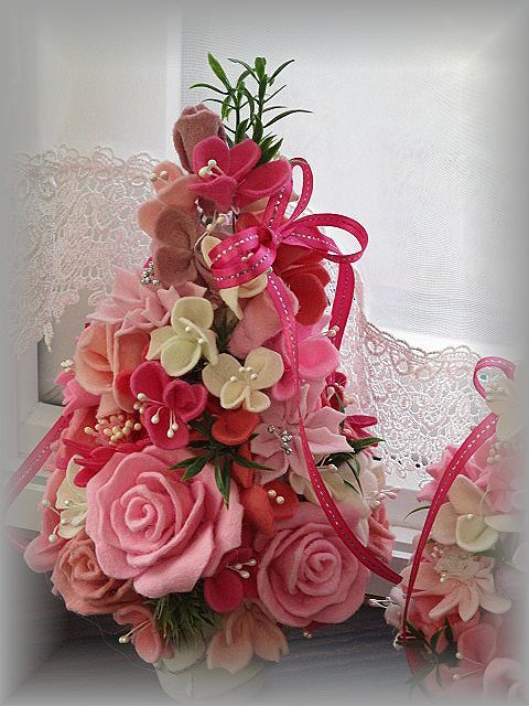 フェルトお花たち♪ツリー2点セット♪ピンク×ピンク♪お花のクリスマスツリー♪卓上ツリー♪薔薇＆ガーベラ♪ハンドメイド♪高さ27cm_画像8