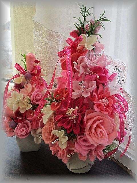 フェルトお花たち♪ツリー2点セット♪ピンク×ピンク♪お花のクリスマスツリー♪卓上ツリー♪薔薇＆ガーベラ♪ハンドメイド♪高さ27cm_画像9