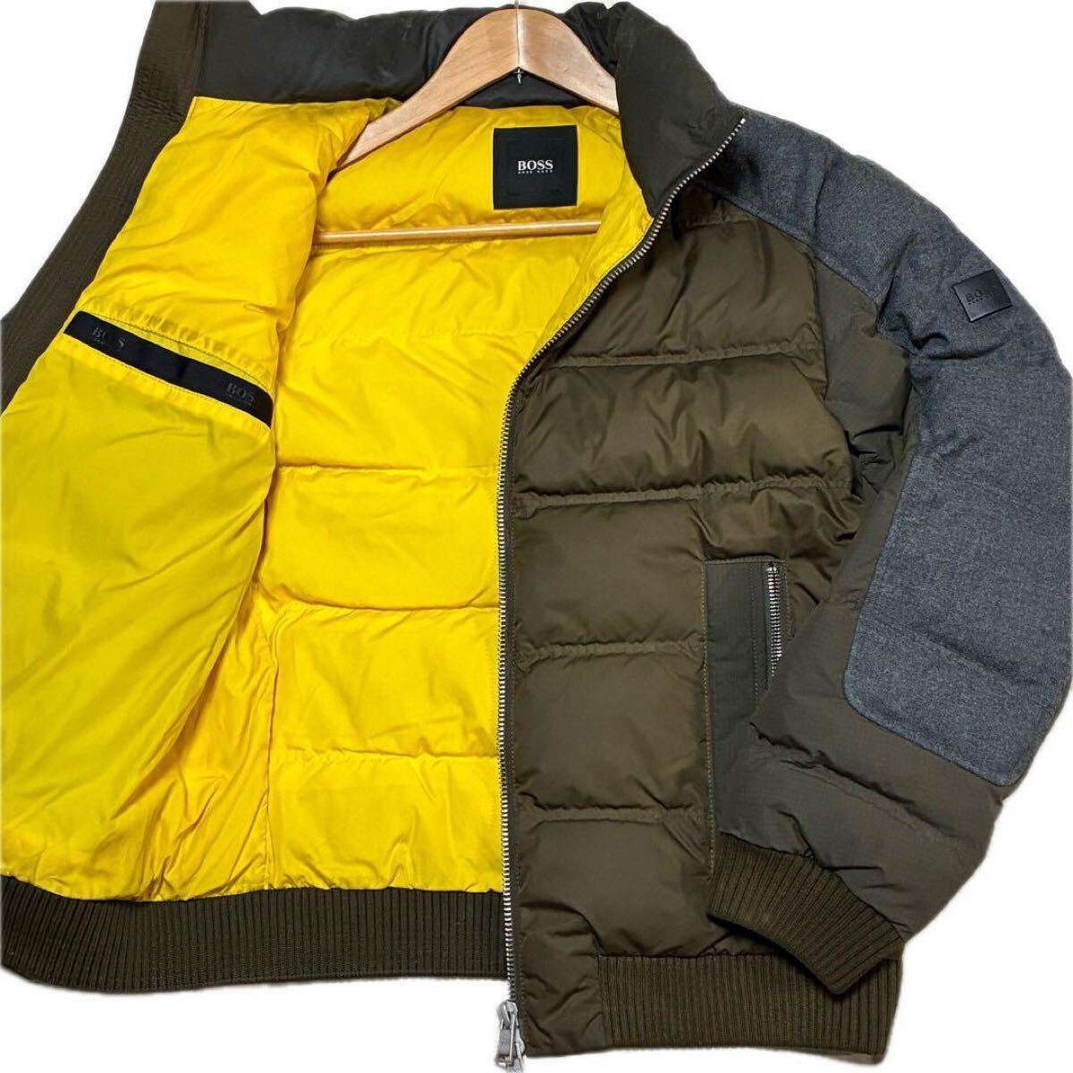 美品 Mサイズ相当 HUGO BOSS ヒューゴボス ダウンジャケット デニム切替 フード収納　ロゴワッペン カーキ 46 ダックダウン80% フェザー20%_画像1