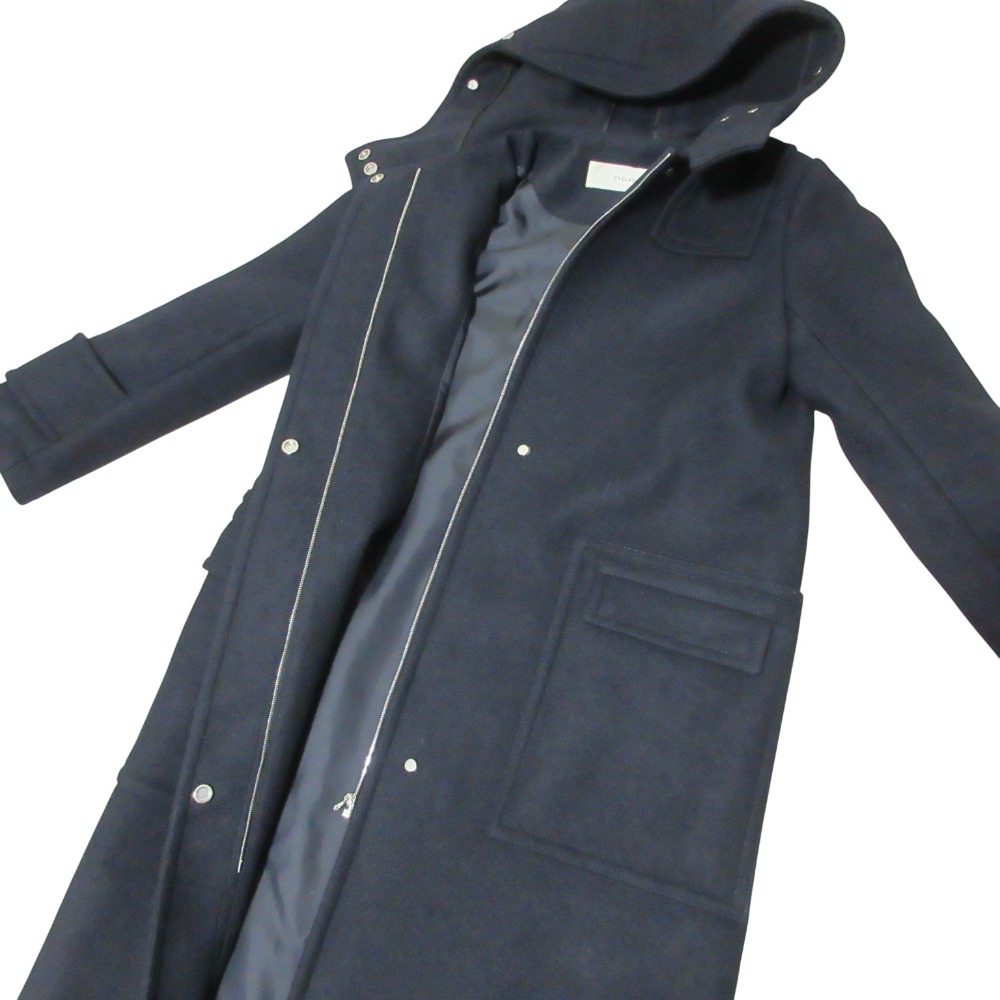 美品 CYCLAS シクラス ウールメルトン フーデッドロングコート 1-06-06-2069 34 ネイビー_画像6