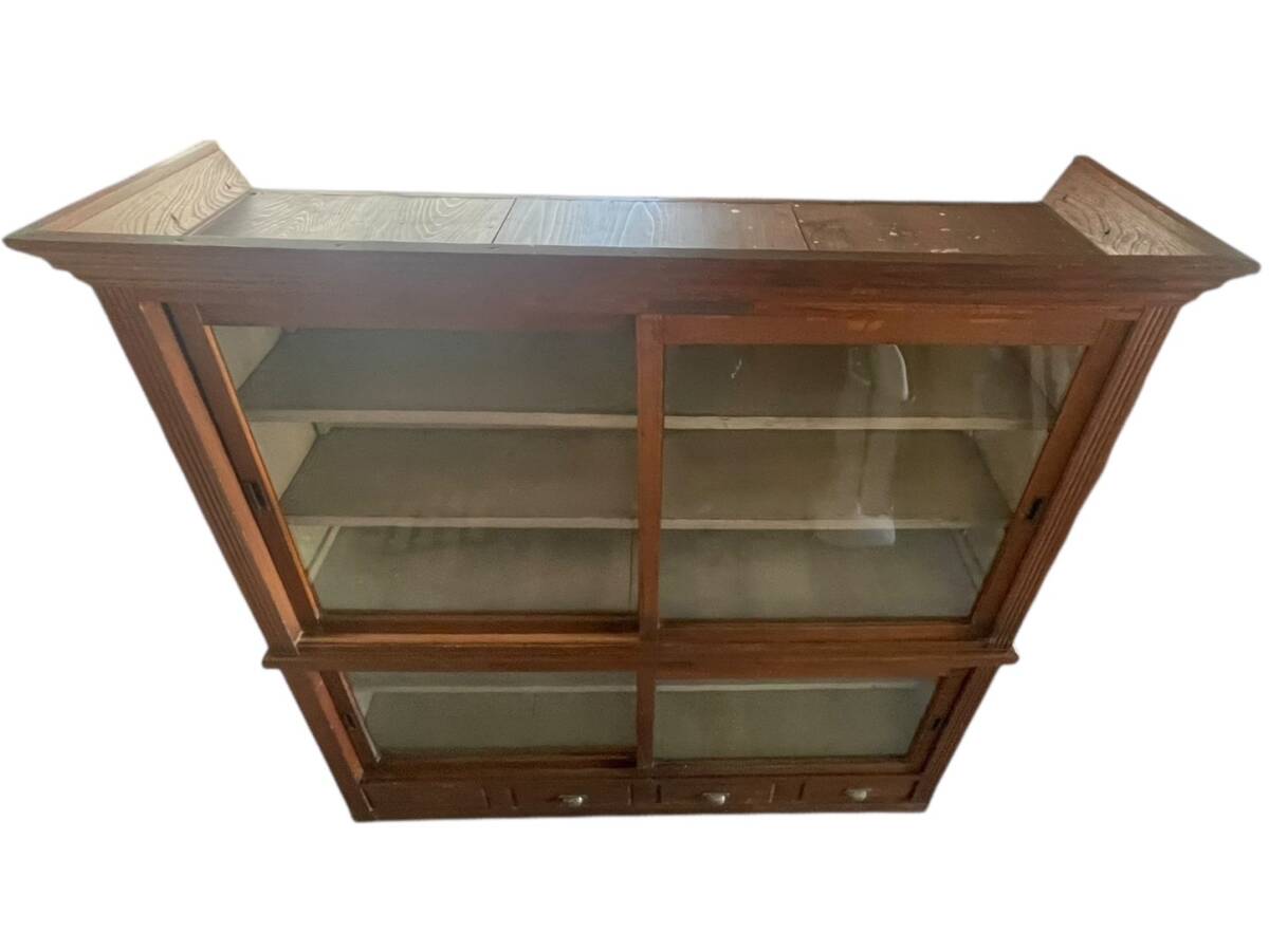 JS383 時代家具 大正時代 ゆらゆらガラス アンティーク 木製棚 食器棚 ガラス戸棚 高さ167cm 横159.5cm 奥行き43.5cm 取手一つ欠損_画像6