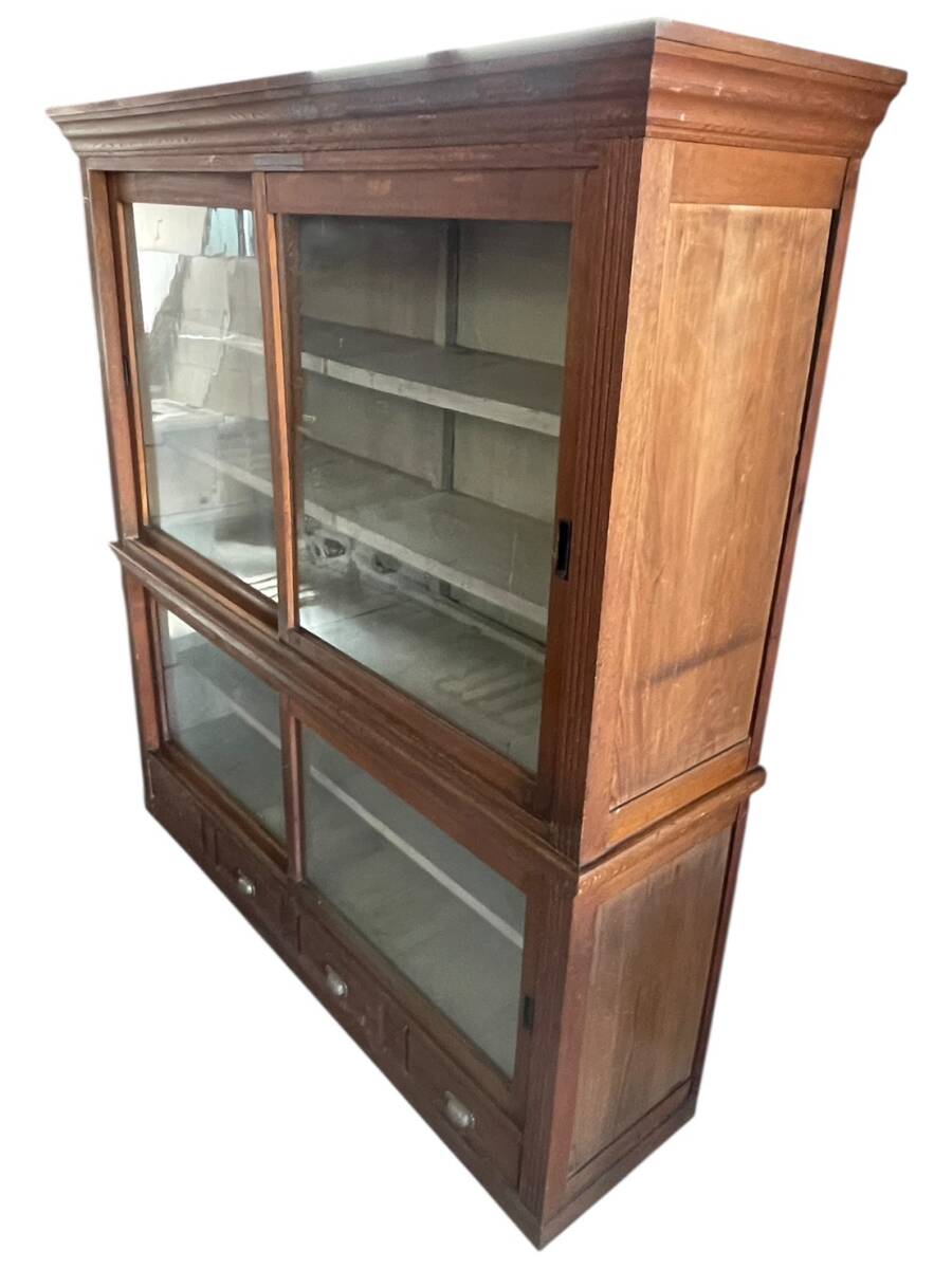 JS383 時代家具 大正時代 ゆらゆらガラス アンティーク 木製棚 食器棚 ガラス戸棚 高さ167cm 横159.5cm 奥行き43.5cm 取手一つ欠損_画像3