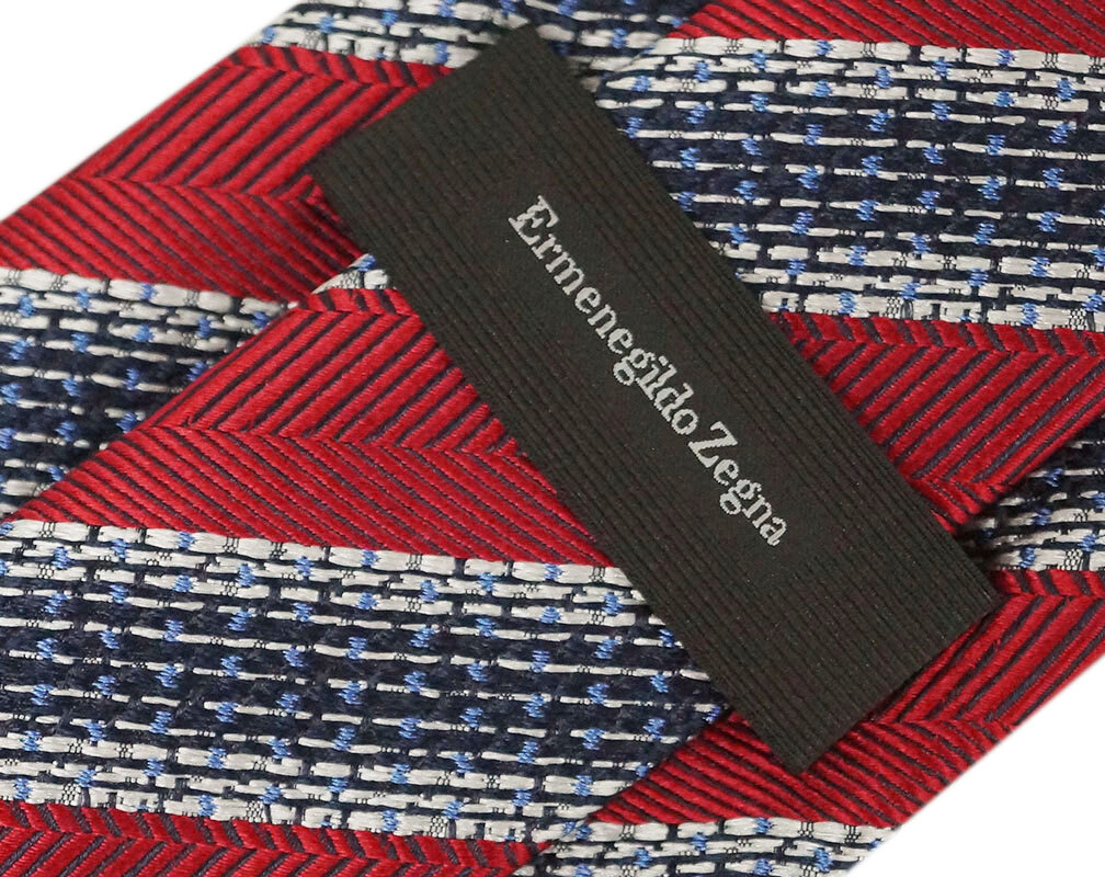  не использовался Zegna бренд галстук L me винт rudo* Zegna высококлассный шелк 100% полоса красный snow белый темно-синий красный темно-синий 