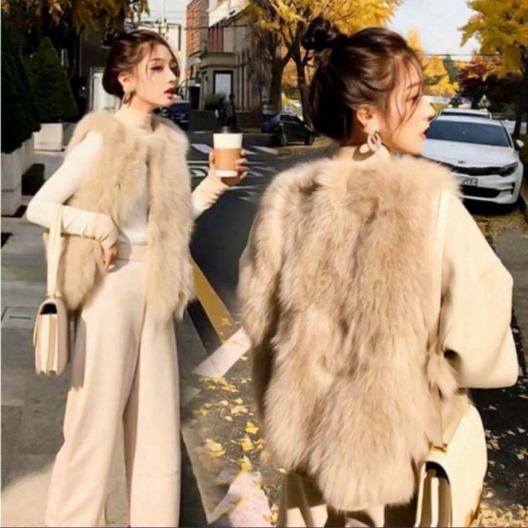 ファーベスト　エコファー フェイクファー ベージュ ジレ ベスト ベージュ M_画像2