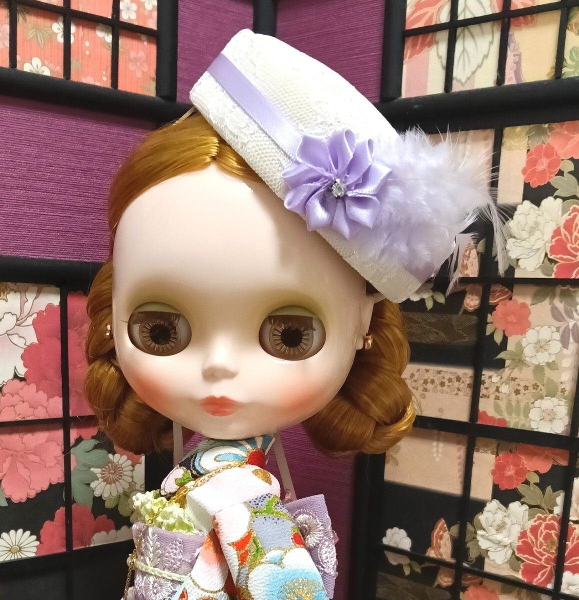【夢人屋呉服店】 ブライス Blythe ネオブライス ブライス着物 outfit　KIMONO　レース&フェザーのお帽子のお着物セット_画像5