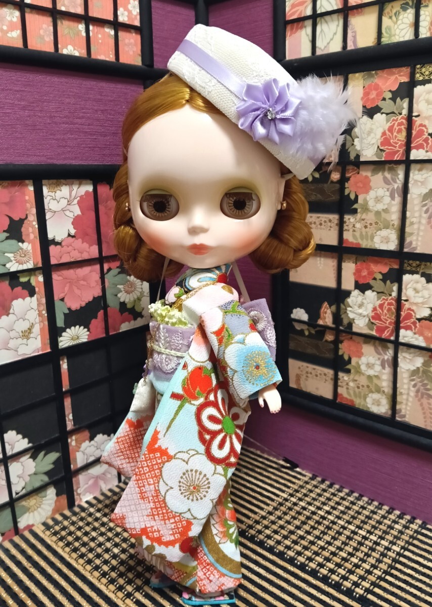 【夢人屋呉服店】 ブライス Blythe ネオブライス ブライス着物 outfit　KIMONO　レース&フェザーのお帽子のお着物セット_画像2