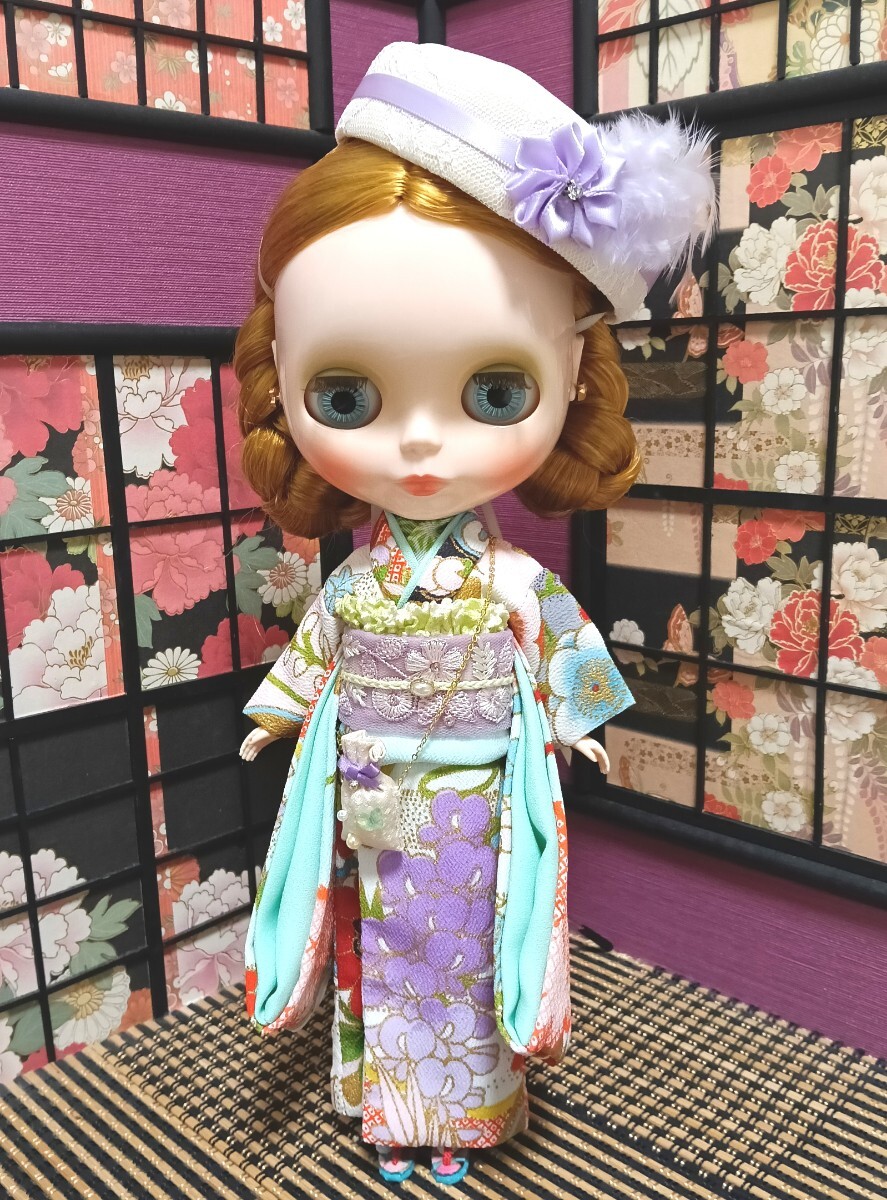 【夢人屋呉服店】 ブライス Blythe ネオブライス ブライス着物 outfit　KIMONO　レース&フェザーのお帽子のお着物セット_画像3