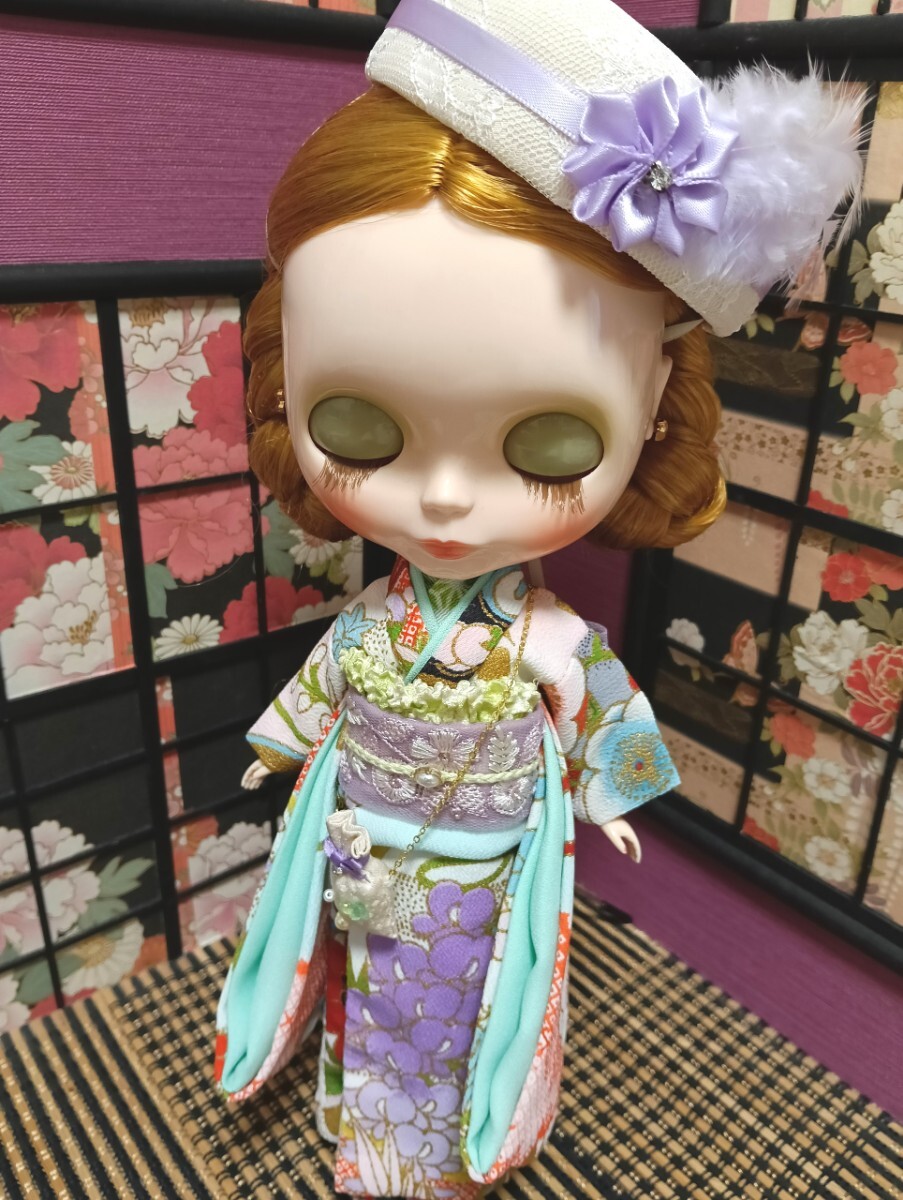 【夢人屋呉服店】 ブライス Blythe ネオブライス ブライス着物 outfit　KIMONO　レース&フェザーのお帽子のお着物セット_画像4