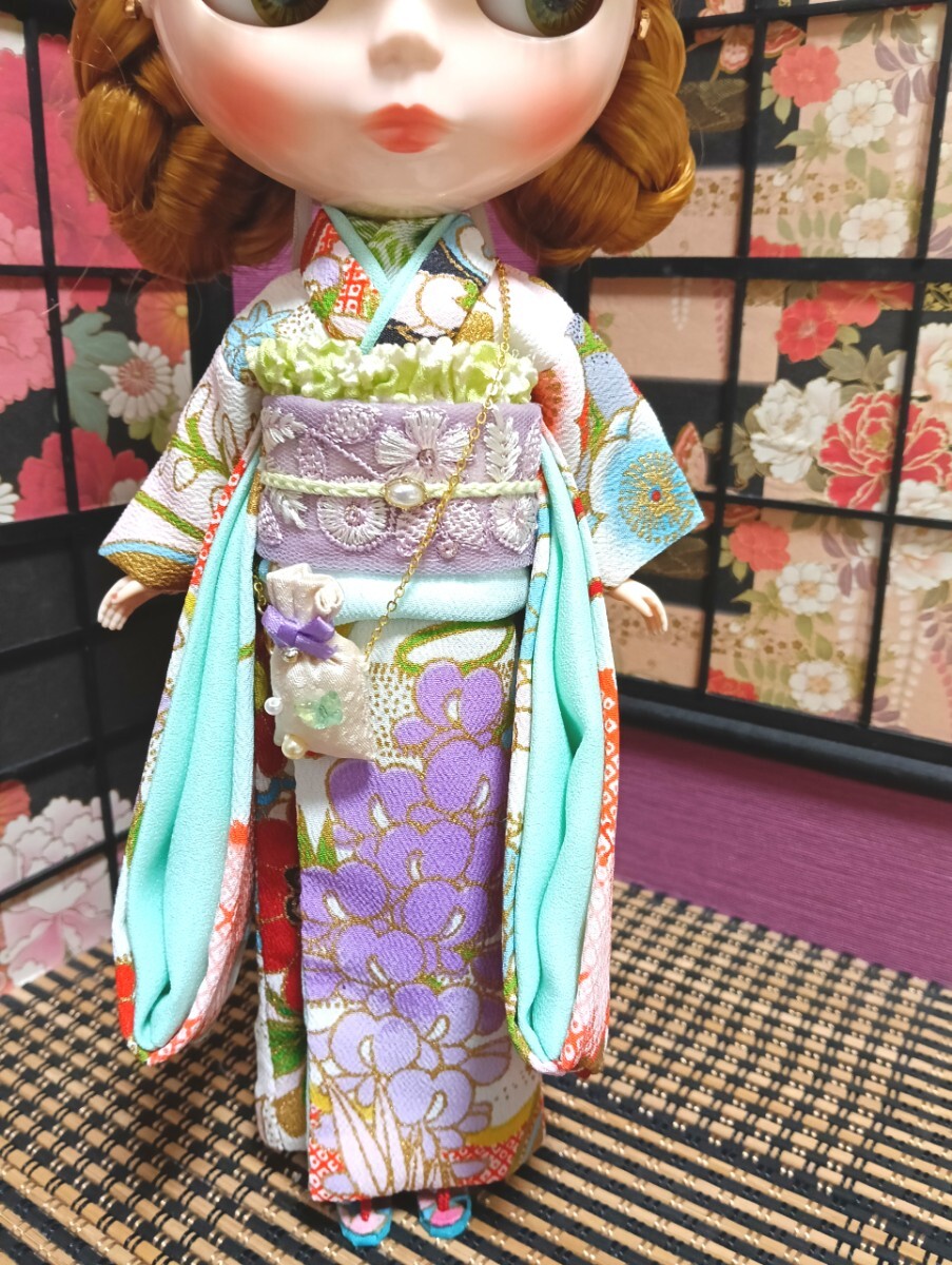 【夢人屋呉服店】 ブライス Blythe ネオブライス ブライス着物 outfit　KIMONO　レース&フェザーのお帽子のお着物セット_画像6