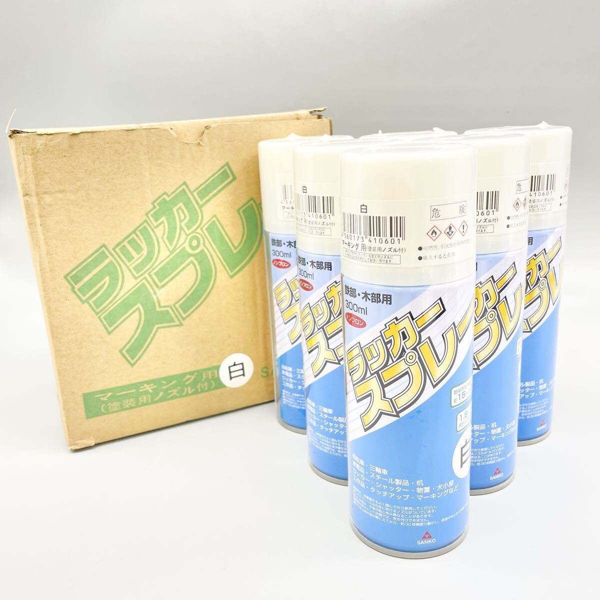 [新品 未使用品] サンコー ラッカースプレー 白 300ml 6本 ノンフロン 鉄 木部用 塗料 マーキング SANKO 三高 金物屋 在庫品 まとめ売り_画像1