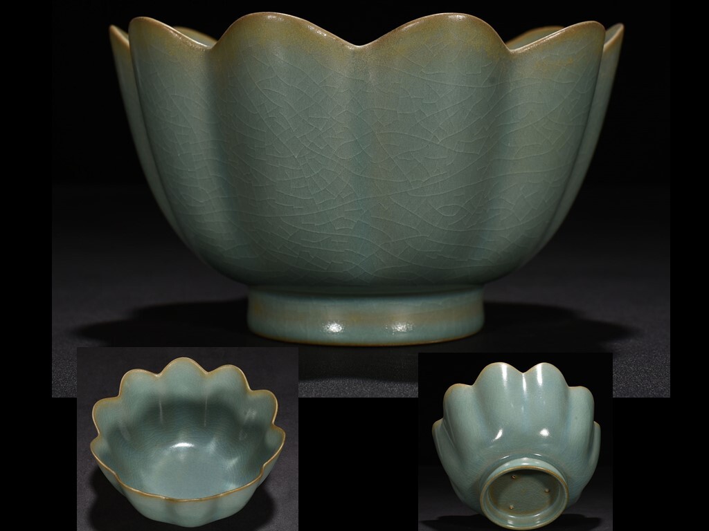 YA121■宋時代 汝窯 天青釉 蓮花大碗 時代物 古玩 唐物 古陶磁器■_画像1