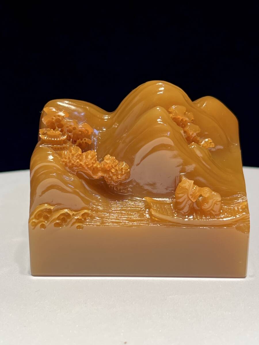 ◆H7◆寿山石 田黄石彫 高山流水 置物 時代物 古玩 唐物◆重さ270g_画像2