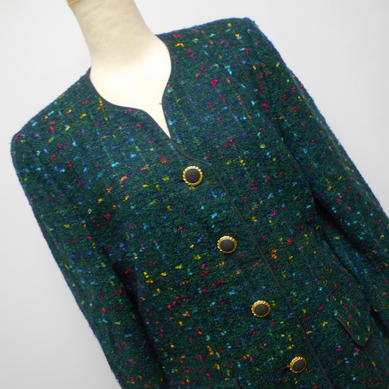980521 Leilian レリアン グリーン系 ツイード ジャケット　9_画像2