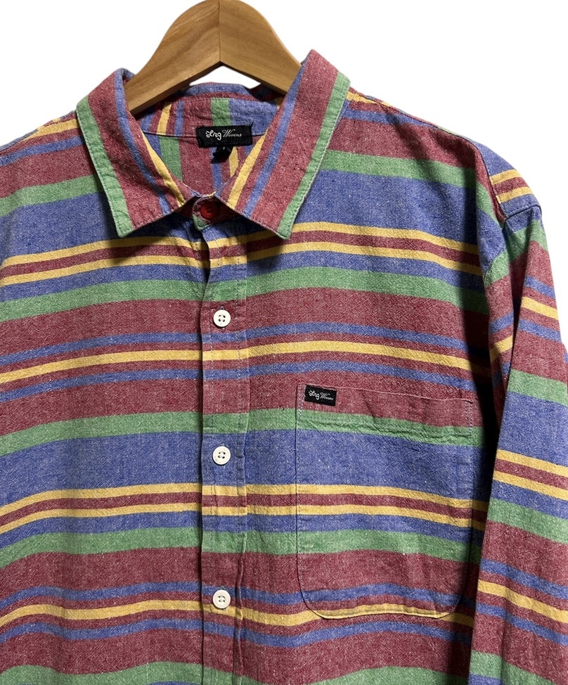美品 USA古着▽LRG エルアールジー リネン コットン ボーダー 長袖シャツ L マルチカラー B系 麻_画像3
