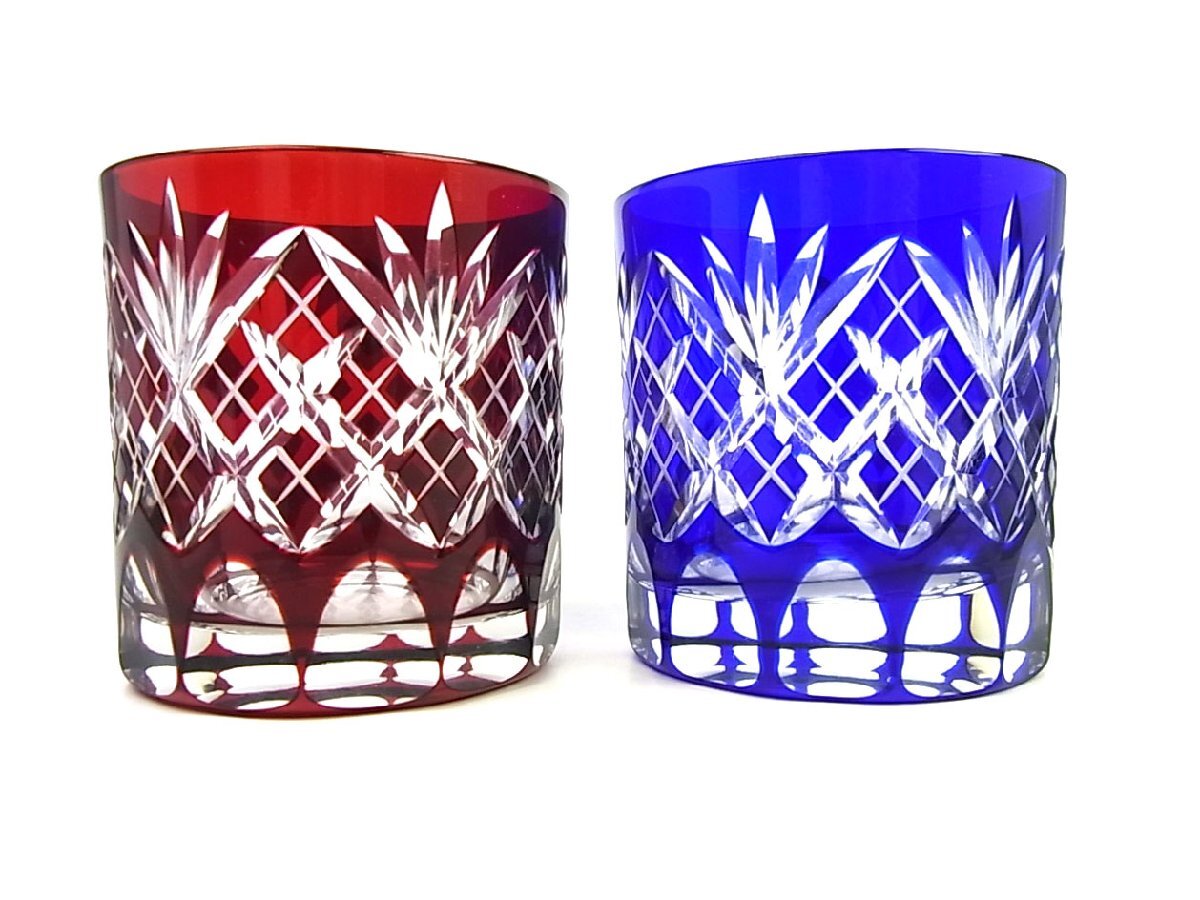 ◆未使用・保管品◆硝子工房 彩鳳◆江戸切子 ロックグラス 剣矢来重文様 ミニオールド ペア 2客◆M-3021-2◆赤/青◆矢来文様◆健康長寿◆_画像3