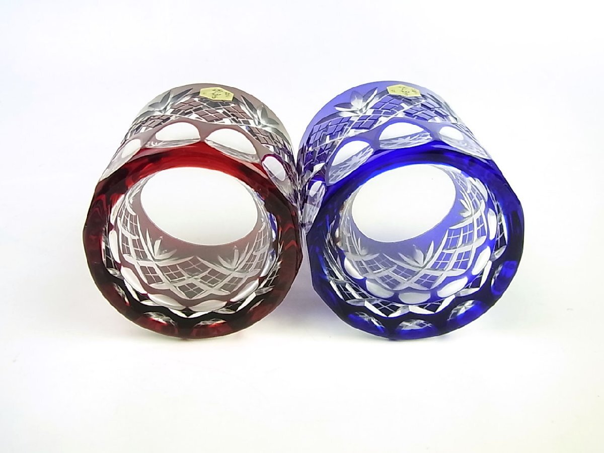 ◆未使用・保管品◆硝子工房 彩鳳◆江戸切子 ロックグラス 剣矢来重文様 ミニオールド ペア 2客◆M-3021-2◆赤/青◆矢来文様◆健康長寿◆_画像5