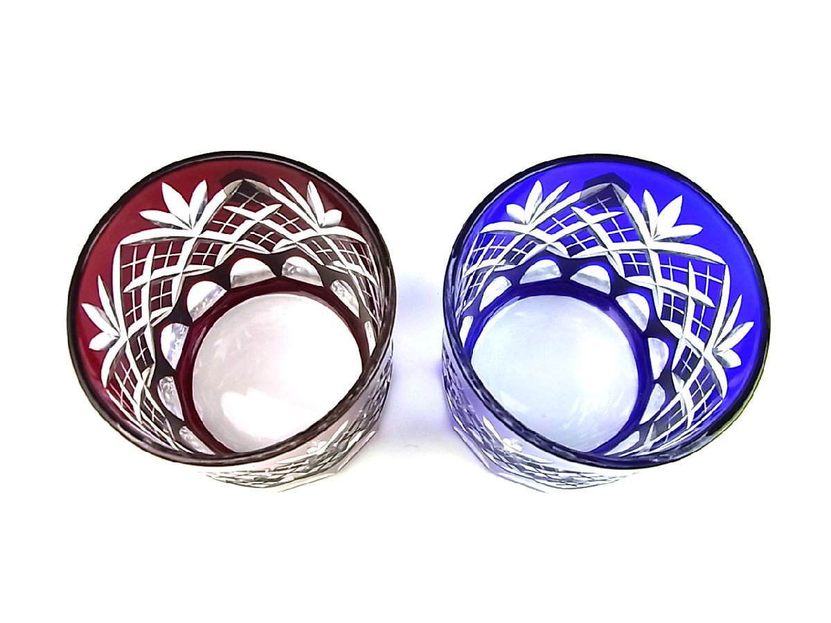 ◆未使用・保管品◆硝子工房 彩鳳◆江戸切子 ロックグラス 剣矢来重文様 ミニオールド ペア 2客◆M-3021-2◆赤/青◆矢来文様◆健康長寿◆_画像4