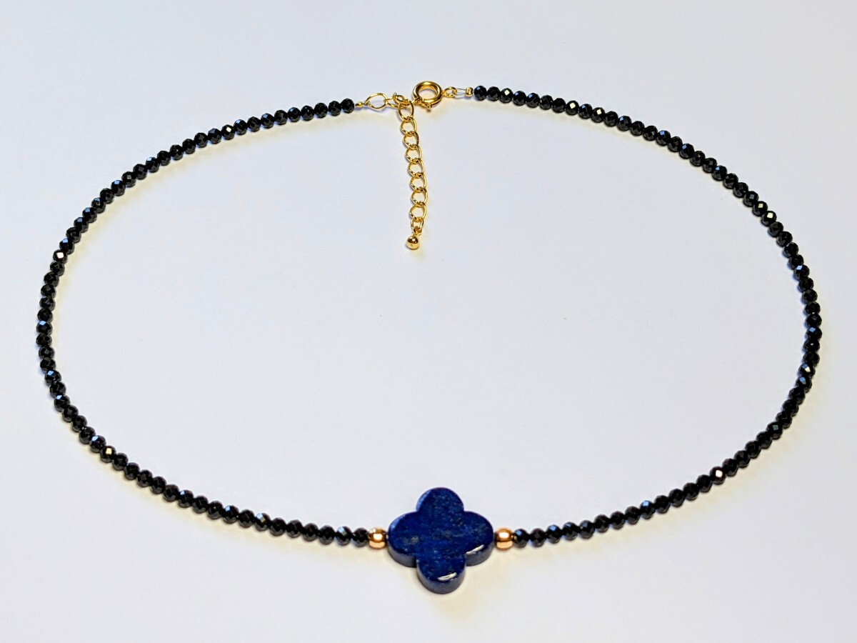 【限界市場】天然ラピスラズリ/四つ葉のクローバー＆ブラックスピネル★ネックレス★40+5cm★送料無料　_画像2