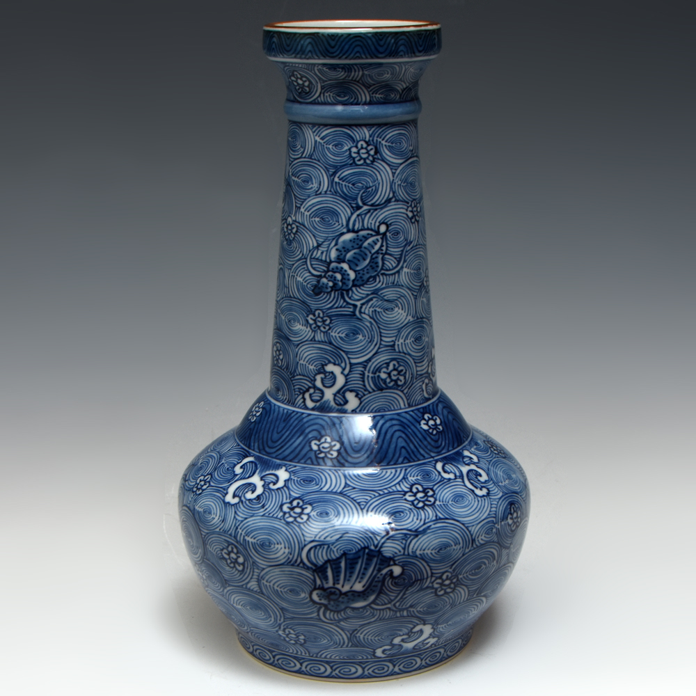  павильон . источник правый ..( произведение ) белый фарфор с синим рисунком . волна . ваза вместе коробка цветок входить цветок живые цветы контейнер .. Arita Imari настоящее время прикладное искусство прекрасный товар u1593o