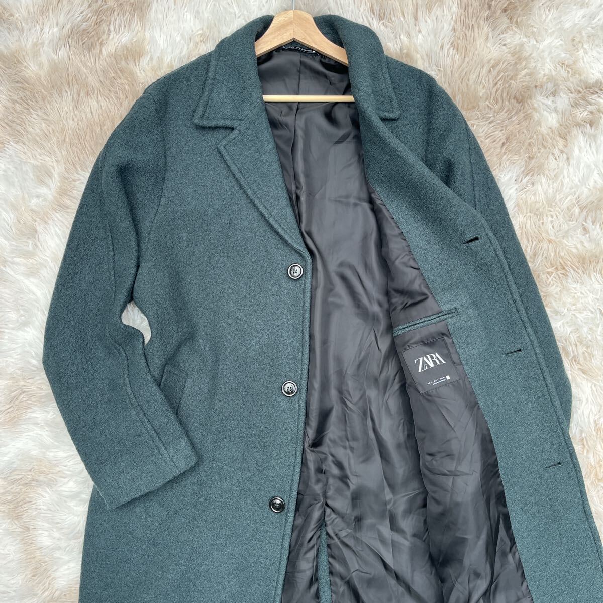 極美品【お洒落の極み】ZARA ザラ チェスターコート ロングコート ウール 秋冬 アウター Lサイズ 緑 _画像1