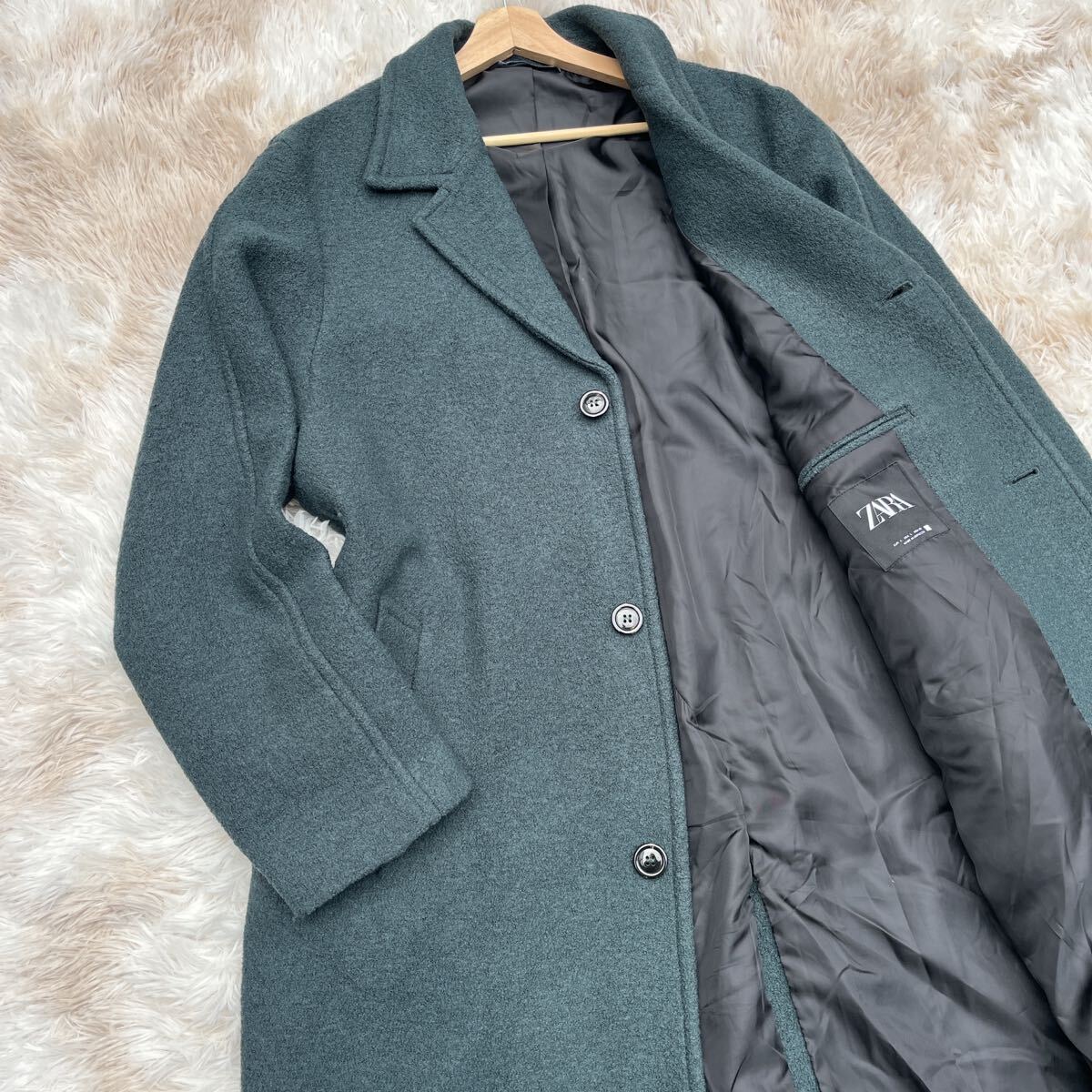 極美品【お洒落の極み】ZARA ザラ チェスターコート ロングコート ウール 秋冬 アウター Lサイズ 緑 _画像6