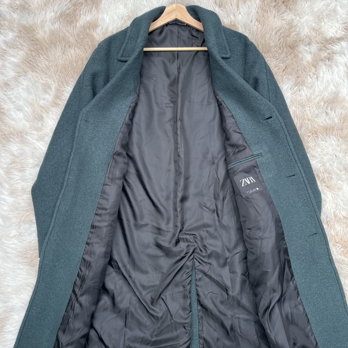 極美品【お洒落の極み】ZARA ザラ チェスターコート ロングコート ウール 秋冬 アウター Lサイズ 緑 _画像7