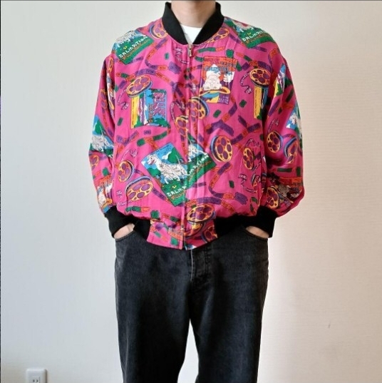古着 80s 総柄 アメコミ調プリント シルクブルゾン_画像8